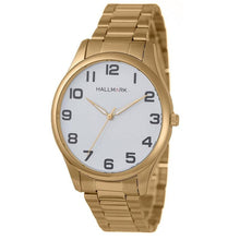 Hallmark gents gold metal bracelet watch featuring a 41.7mm case and a clean white dial with bold numerals.