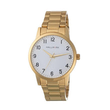 Hallmark gents gold watch featuring a 28mm case, white dial with clear numerals, and a classic gold-tone metal strap.
