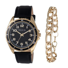 Hallmark gold watch with black dial and leather strap, paired with a matching gold chain bracelet set.