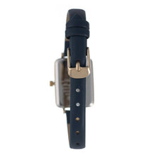Hallmark ladies watch with a slim blue leather strap and elegant rose gold square case.