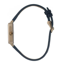 Hallmark ladies watch with a slim blue leather strap and elegant rose gold square case.