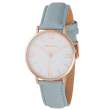 Hallmark ladies watch featuring a gold case, elegant white dial, and a stylish blue leather strap with quartz movement.