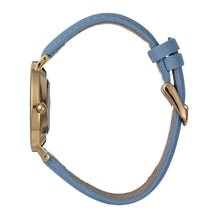 Hallmark ladies watch featuring a 37mm gold case and a stylish dusk blue leather strap with a gold buckle.
