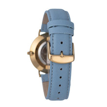 Hallmark ladies' watch featuring a dusk blue leather strap and elegant gold-tone buckle, 37mm gold case, and stainless steel back.