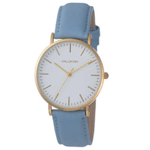 Hallmark ladies 37mm watch featuring a gold case, white dial, and elegant dusk blue leather strap.