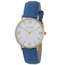 Hallmark ladies watch featuring a 37mm gold case, elegant white dial, and a stylish navy blue leather strap.