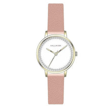 Elegant Hallmark ladies watch featuring a silver dial, crystal-studded bezel, and a stylish pink leather strap.