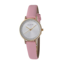 Elegant Hallmark ladies watch featuring a silver dial, crystal-accented bezel, and a stylish pink leather strap.
