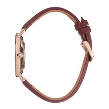 Hallmark ladies' watch with a 37mm rose gold case and elegant red genuine leather strap, side view.